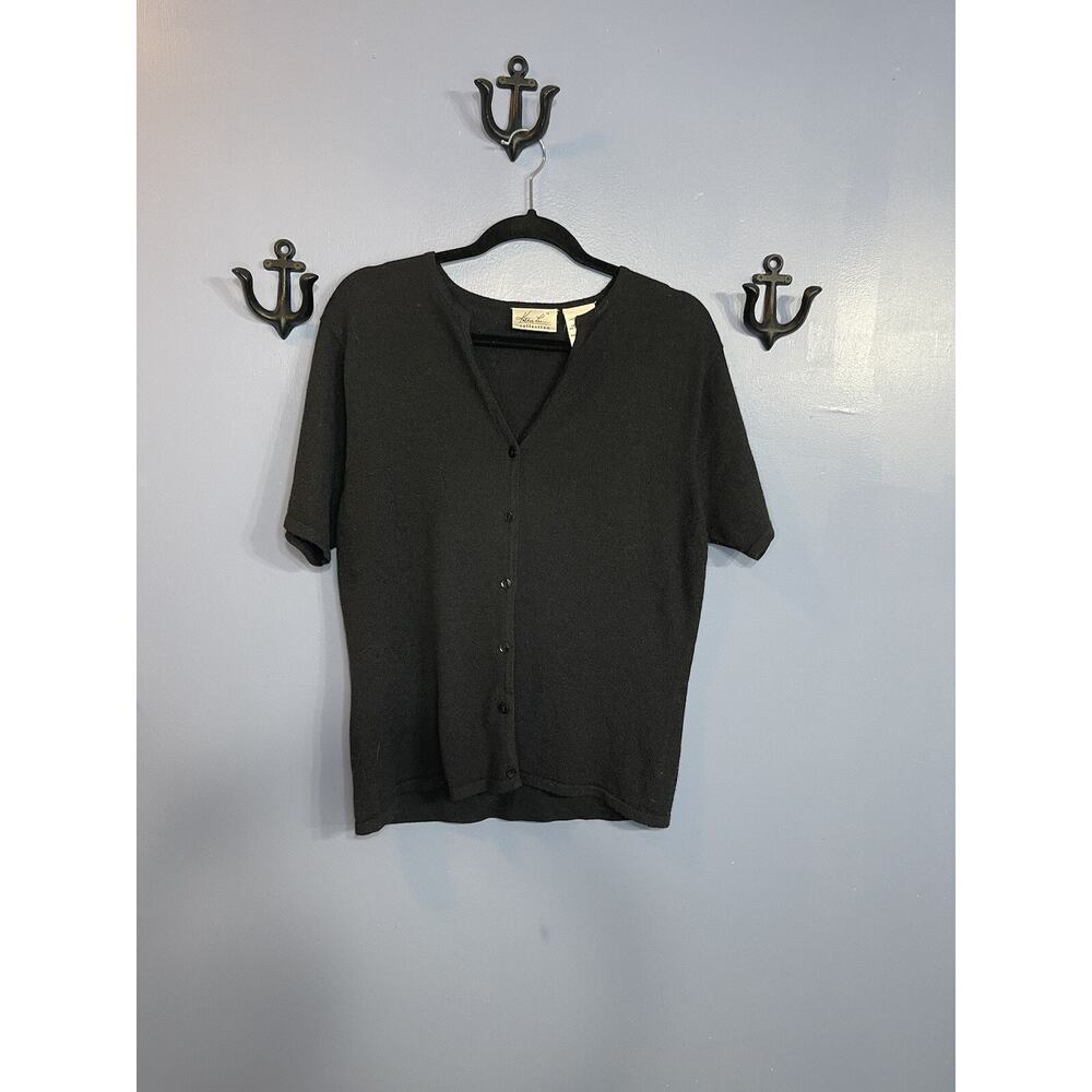Kathie Lee Button Front Sheer Sweater Top Black Size 14